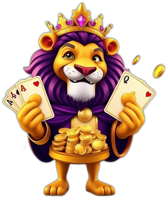 Teen Patti Stars lion-king mascot presenting the cashback cards and supercard tiers