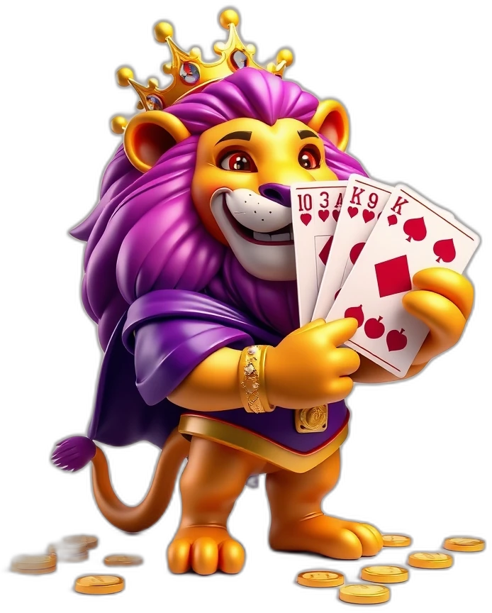 Teen Patti Stars lion-king mascot presenting the how to play rules and hand rankings