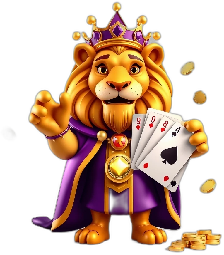 Teen Patti Stars lion-king mascot presenting the 13-card Rummy table
